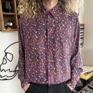 Vintage 90s Silk Bogari Geometric Abstract Long Sleeve Button Down ~ Size Large